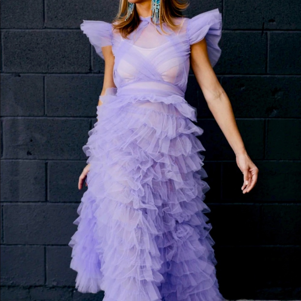 Lilac Ruffle Tiered Tulle Organza Bridesmaids Evening Gown Cocktail Party Dress